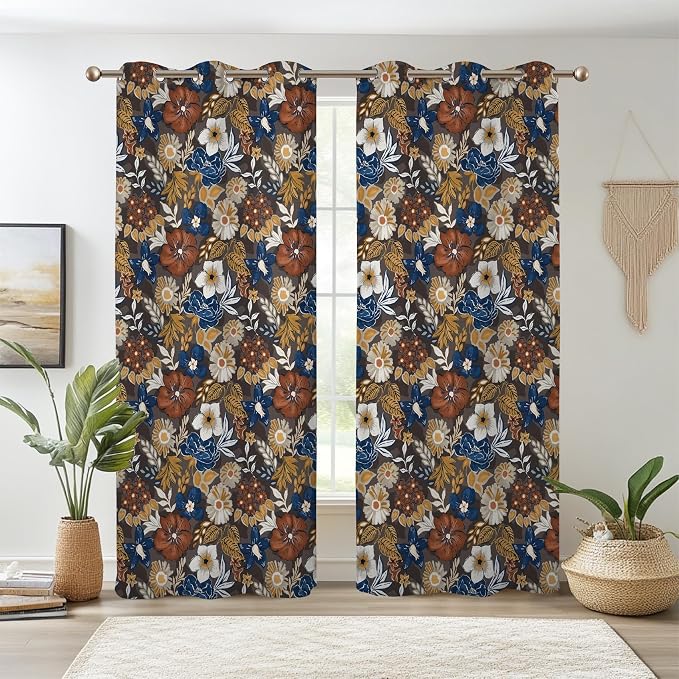 Renaiss Bohemian Floral Blackout Curtains, Blue Brown White Flower Thermal Insulated Bedroom Window Curtains, Boho Style Patterned Window Curtains for Kitchen, 55" L x 29" W 2 Panel Set