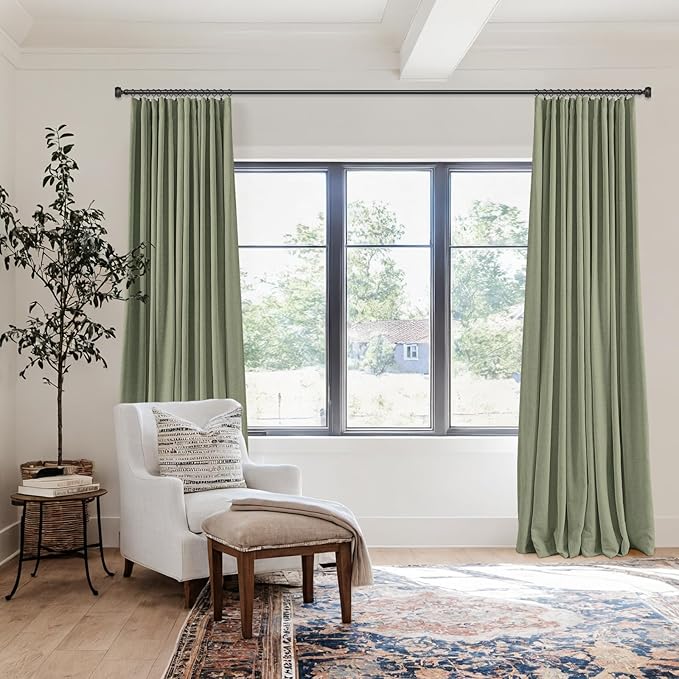 100% Blackout Shield Full Blackout Curtains for Bedroom 120 inch Length 2 Panels Set, Clip Rings/Rod Pocket Faux Linen Black Out Curtains for Living Room, Thermal Insulated, 50Wx120L, Light Sage