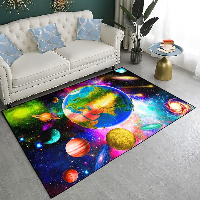 BATATADOCE Outer Space Floor Rugs Planet Area Rugs Solar System Rug Space Area Rug Boys Rugsfor Bedroom Playroom Living Room Space Room Decor 5'×7'