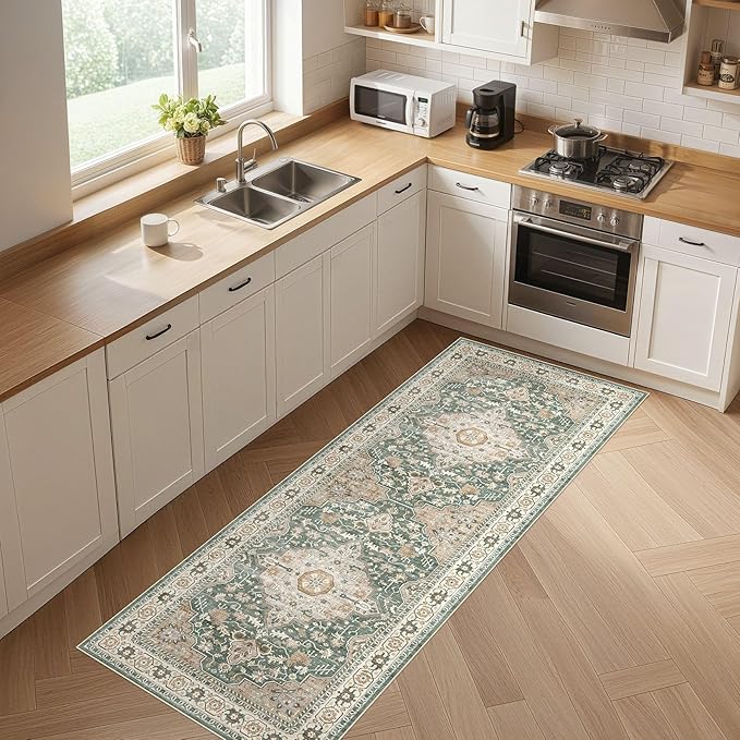 Runner Rug Kitchen Washable Rugs: 2x6 Non-Slip Abstract Soft Modern Stain Resistant Indoor Floor Neutral Accent Throw Carpet for Hallway Bathroom Laundry Room Entryway Bedroom- Green