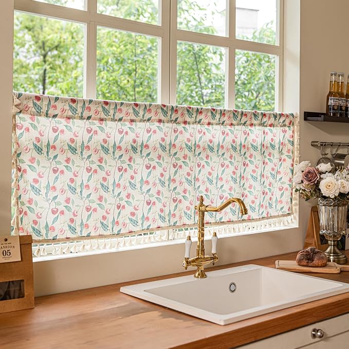 Deeprove Valance Kitchen Curtain Linen Look 18 Inch for Living Room Bedroom Window Treatment Fruits Red Cherry Print Privacy Light Filtering Vintage Rustic Farmhouse Cottagecore Rod Pocket 1 Panel