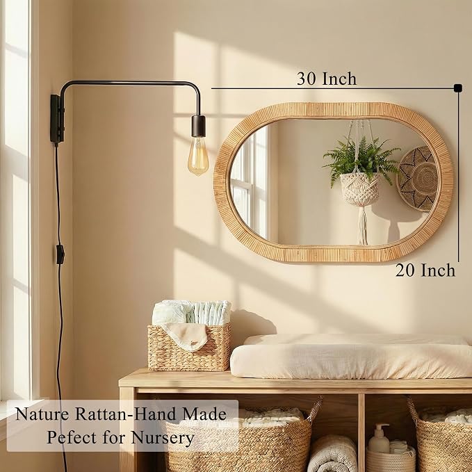 20x30 Oval Rattan Mirror for Wall, Boho Decorative Mirror for Bathroom Vanity, Farmhouse & Natural Home Decor for Bedroom, Living Room