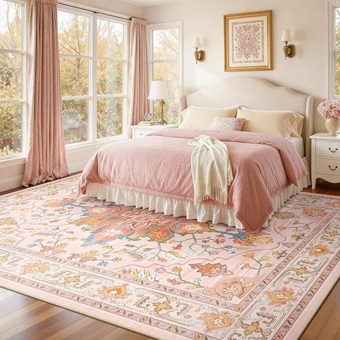 RELEANY Area Rugs 8'x10' Washable Non-Slip, Floral Vintage Distress Medallion Carpet for Living Room Bedroom Dining Room, Light Pink Colorful
