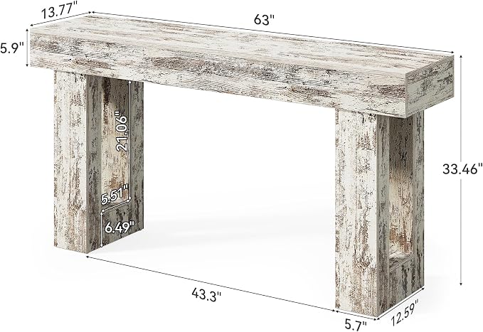 Little Tree 63-Inch Long Console Tables for Entryway, Large Sofa Table Behind Couch, Wooden Entry Foyer Hallway Table, Modern Console Sofa Tables for Living Room, Distressed White