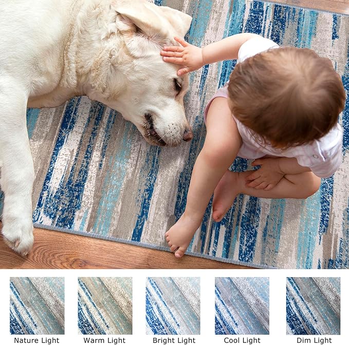 Lansny Modern Abstract Runner Rug 2x12, Blue Washable Long Kitchen Runner Non-Slip Soft Hallway Rug Runner Thin Print Faux Wool Carpet for Entryway Bedroom Laundry Room Indoor Home Decor