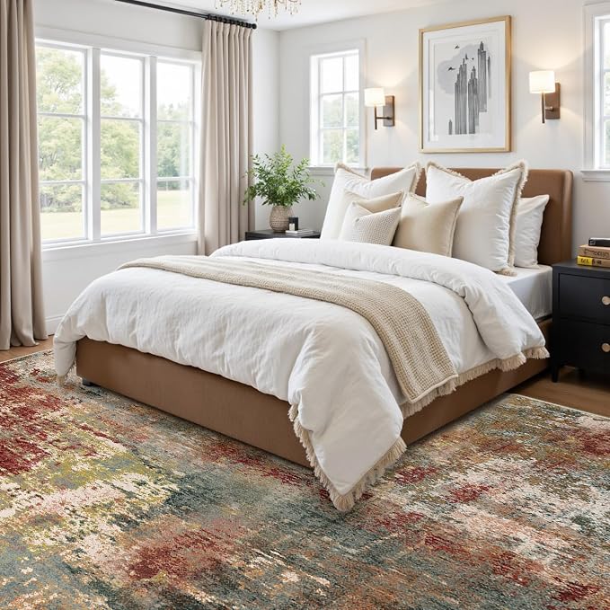RELEANY Washable Area Rugs 5'x7' Non-Slip Modern Abstract Soft for Living Room Entryway Bedroom Kitchen, Print Pattern, Brown Rust Red Green Blue Multi