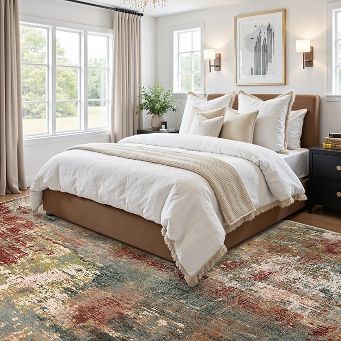 RELEANY Washable Area Rugs Square 8ft Non-Slip Modern Abstract Soft for Living Room Entryway Bedroom Kitchen, Print Pattern, Brown Rust Red Green Blue Multi
