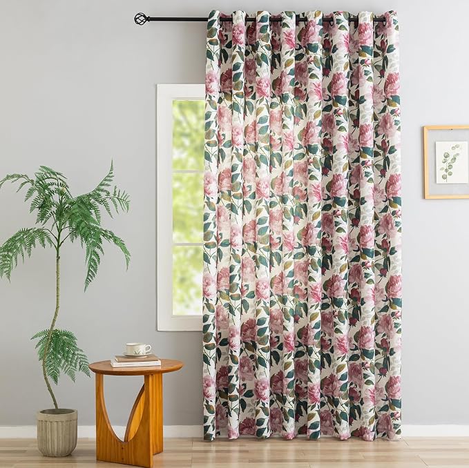 Linen Blend Glass Sliding Door Curtain 100x84 inches Vintage Floral Patio Door Curtains Extra Wide Privacy Curtains for Room Divider Grommet Farmhouse Country Chic Drapes 1 Panel W100 x L84 Pink