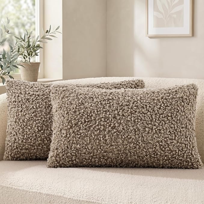 decorUhome Pack of 2 Throw Pillow Covers 12x20 Inch, Faux Fur Decorative Sherpa Pillow Covers Fuzzy Accent Soft Sheepskin Fleece Pillow Cases for Couch Living Room Bed, Khaki