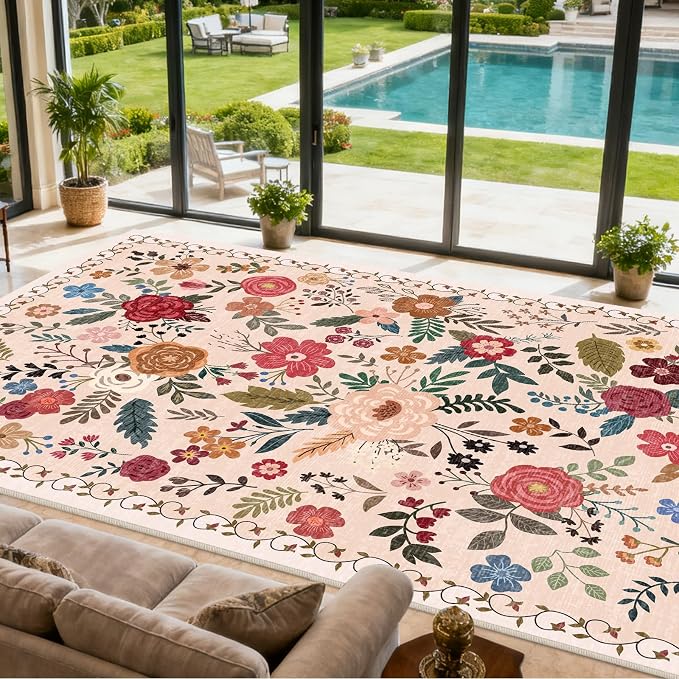 Extra Large 10x14 Area Rug for Living Room, Washable Rugs for Dining Room, Bedroom, Non Slip Stain Resistant Carpet, Low Pile Vintage Floral Rug (Beige Red)