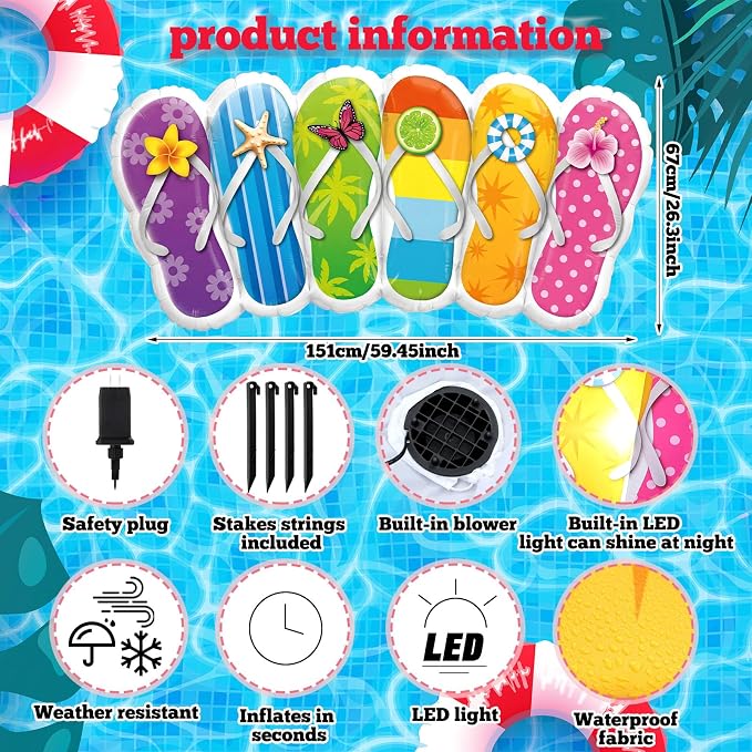 VIHOSE 5 FT Summer Inflatable Flip Flop Blow Up Slipper with Built in LED Lights Oversized Party Decoration for Pool Beach Lawn Yard Hawaiian Luau Tropical