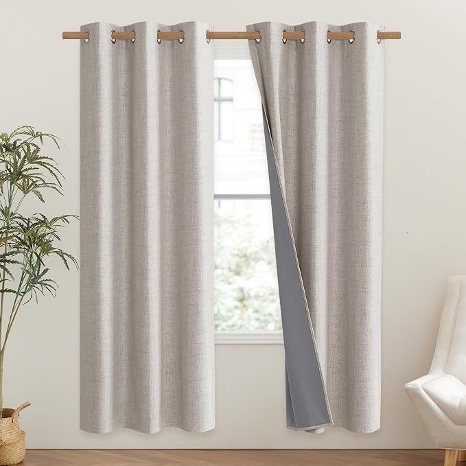 NICETOWN Brich Vintage Open Linen Weave Flax Thermal Curtains, 100% Blackout Curtains 72" Long for Dining Room, Soundproof Window Treatment Drapes for Gym Room, 42" Wide Per Panel, Set of 2