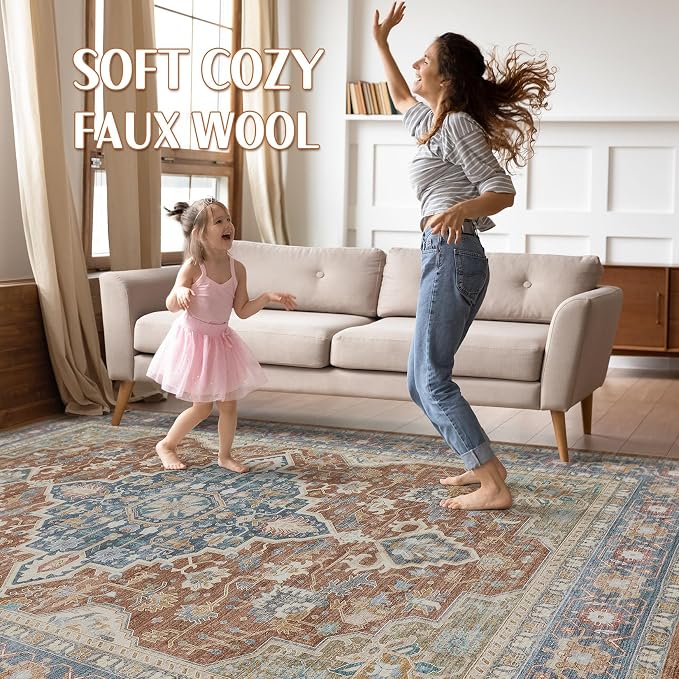 7x10 Area Rug Living Room: Washable Boho Large Neutral Vintage Soft Rug Stain Resistant Farmhouse Non-Slip Indoor Floor Carpet for Bedroom Nursery Kids Playroom Office Dining Room- Red Multi