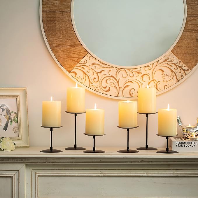 Pillar Candle Holders Candle Plates - Set of 6 Candelabra Candle Stand Iron Plate Minimalism Modern Home Mantel Dinning Table Halloween Decorations Centerpiece for Wedding, Party, Events, Black | Set of 6 Candle Stands in 2.4", 4", 5.8" Height; Minimal...