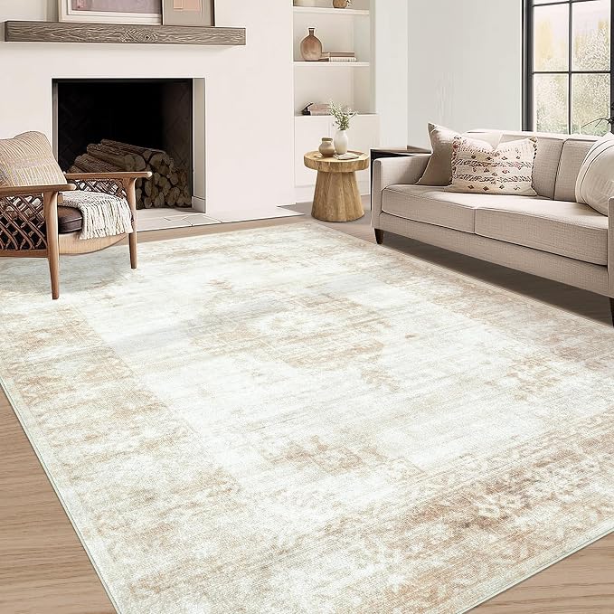 Aoyaomi Vintage Living Room Area Rug - 5x7 Large Machine Washable Boho Moroccan Distressed Farmhouse Rugs for Bedroom - Soft Non-Slip Indoor Floor Accent Rugs for Office Dining Room (Beige, 5' x 7')