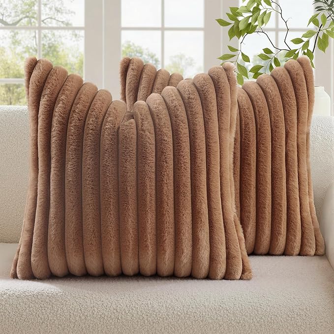 decorUhome Fall Cozy Faux Fur Throw Pillow Covers 18x18 Set of 2 Decorative Soft Plush Striped Modern Farmhouse Boho Couch Pillow Cases with Velvet Back for Sofa Bed Living Room, Brown