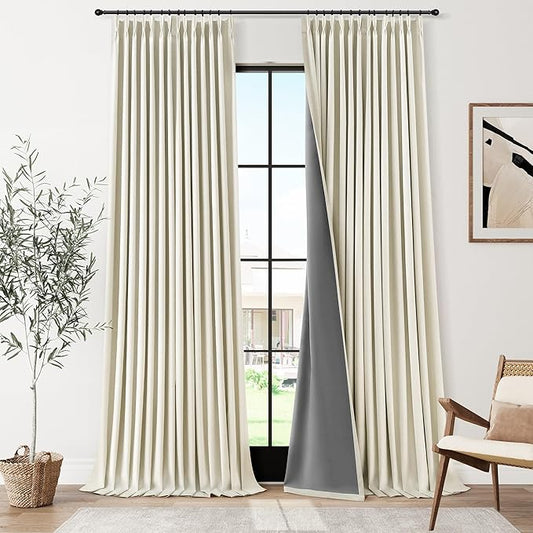 Joywell Warm Beige Pinch Pleated 100% Blackout Linen Curtains 120 Inches Long Energy Saving Thermal Insulated Long Drapes for Living Dining Room Bedroom Pinch Pleat Curtain for Home Theater 40x120
