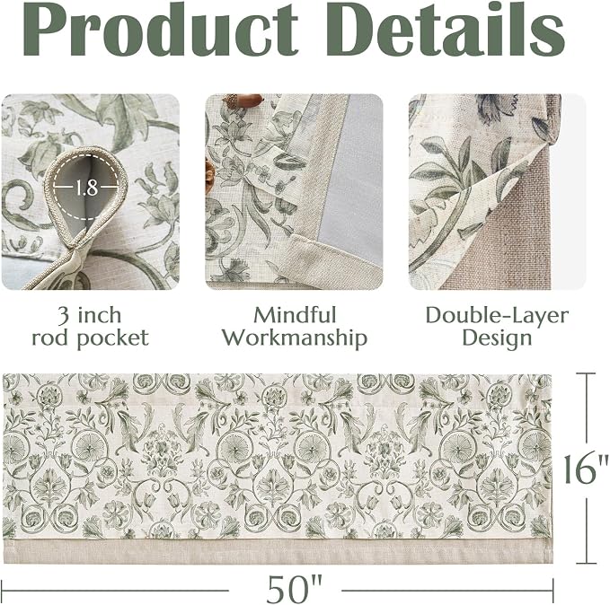 jinchan Linen Valance Kitchen Curtain for Windows Double Layer 16 Inch for Living Room Bedroom Window Treatment Light Filtering Vintage Rustic Farmhouse Cottagecore Rod Pocket 1 Panel Green on Beige
