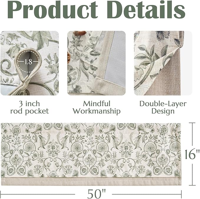 jinchan Linen Valance Kitchen Curtain Pack of 2 Double Layer 16 Inch for Living Room Bedroom Window Treatment Light Filtering Vintage Farmhouse Cottagecore Rod Pocket 2 Panels Green on Beige