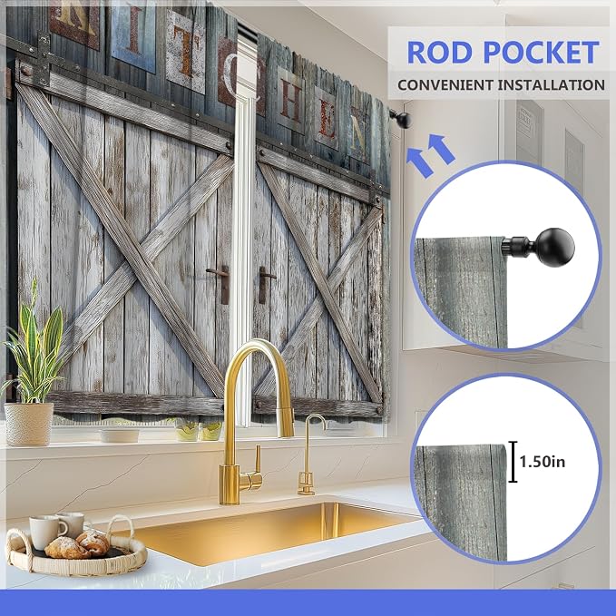 Aimego Wood Farmhouse Kitchen Curtains - Country Vintage Wooden Barn Door Small Short Tier Window Curtains for Living Dining Room Decor Rod Pocket Window Drapes 36 Inch Length Set 28"x36"