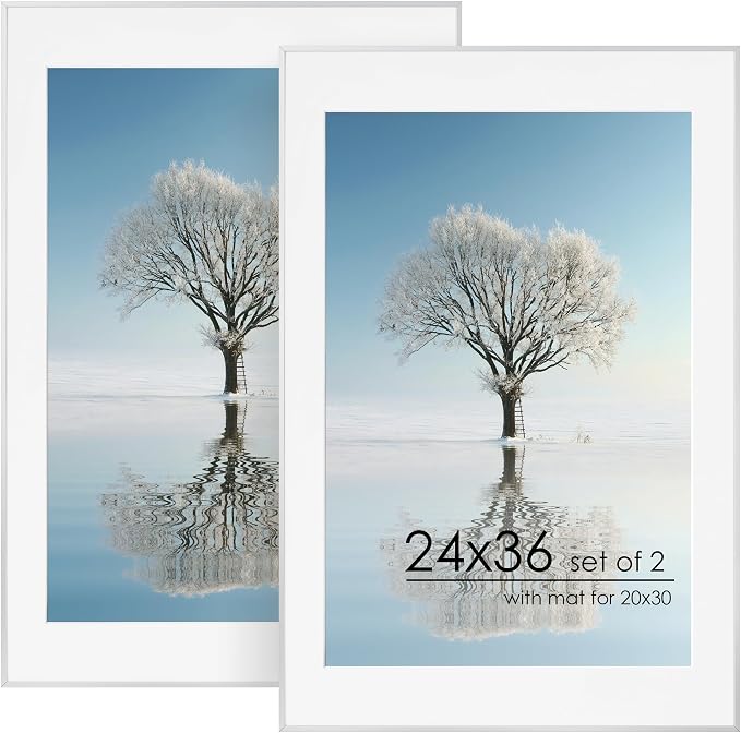 24x36 Metal Picture Frame For Wall With Mat For 20x30, 24''x36'' Aluminum Photo Frames With Tempered Glass For Home Decor, Minimalist Modern Poster Frame Horizontally Vertically Set of 2, Silver