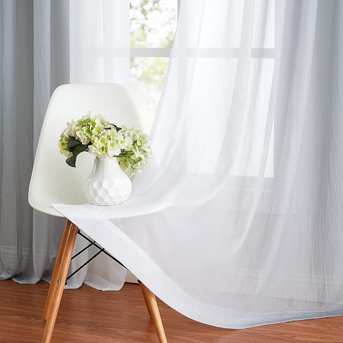 Purainbow Grey Ombre Chiffon Sheer Curtains 84 Inch Long for Living Room Bedroom Decor, Crinkle Gradient Semi Voile Grommet Top Window Curtain Drapes for Girls Room, Garden, Yard, Set of 2 Panels
