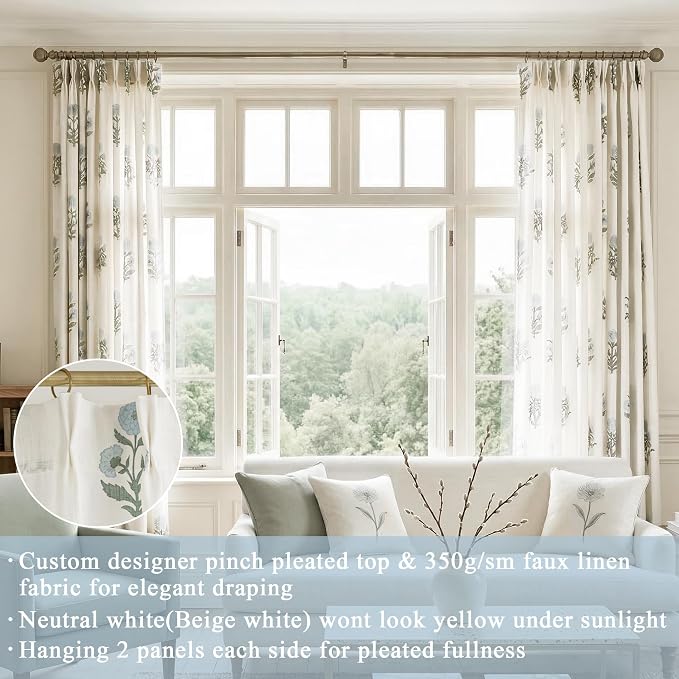 104 Inch Long Floral Pinch Pleated Curtains, with Adjustable Hooks Up to 105 Inch, Blue Green Linen Semi Sheer Drapes for Living Room Bedroom