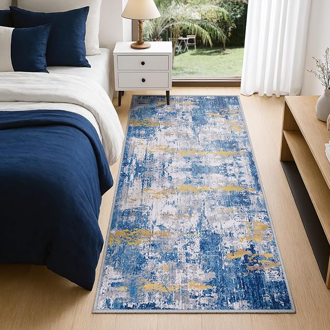 RELEANY Washable Area Rugs 2'x8' Non-Slip Modern Abstract Soft for Living Room Entryway Bedroom Kitchen, Print Pattern, Grey Blue Gold/Golden