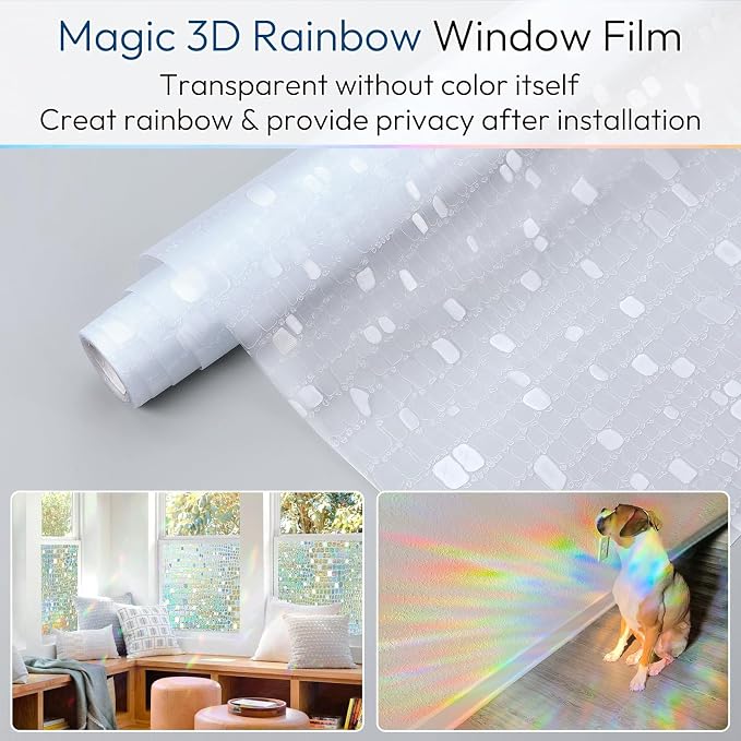 rabbitgoo Window Privacy Film Decorative Rainbow Cling, 17.5" x 118.1" | 3D Stained Glass Window Sticker, Anti-UV Sun Blocking Heat Control, Static Cling Glass Window Door Covering for Home Office