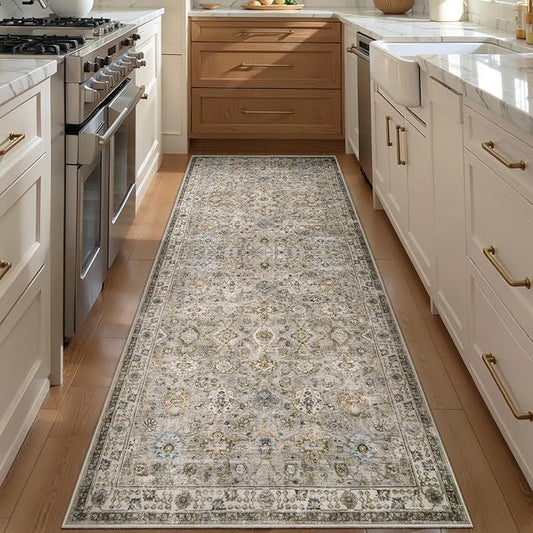 Tangsoo 2x6 Washable Runner Rug for Hallway, Non Slip Boho Vintage Beige Floral Rug Runner for Kitchen Entryway,Distressed Grey Floor Carpet Soft Low Pile Indoor Gray Mat for Bedroom Bathroom Laundry