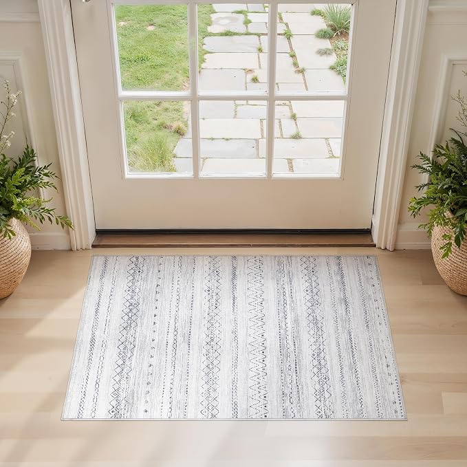 cotiled Washable 2x3 Entryway Rug: Washable Boho Rugs with Non Slip Backing Small Soft Indoor Stain Resistant Carpet for Kitchen Front Lightweight Home Decor Grey