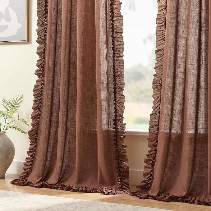 Dark Terracotta Ruffle Curtains for Living Room, 2 Panels W58 x L108 Inches Vintage French Country Cottagecore Farmhouse Linen Curtains Rod Pocket Light Filtering Semi-Sheer Privacy Window Drapes
