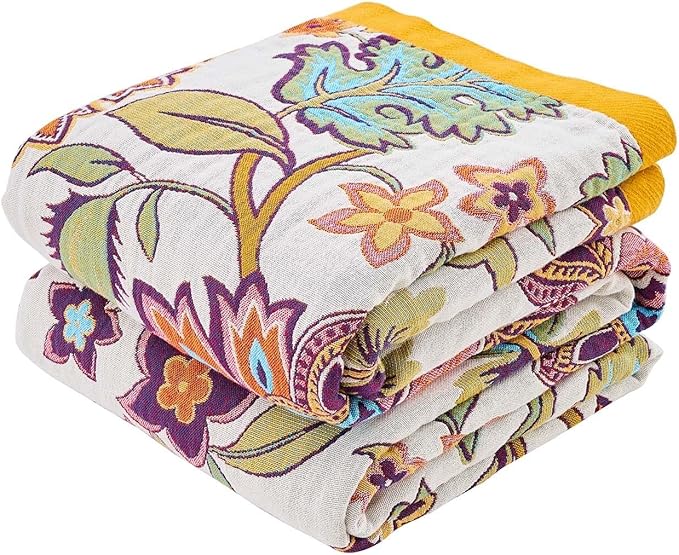 XIBLC Boho Throw Blanket for Bed, 100% Cotton Soft Rustic Quilt Fall Blanket, 80"x90" Floral Printed Farmhouse Decor Bed Blankets, All Season Rustic Reversible Bohemian Throw Quilt