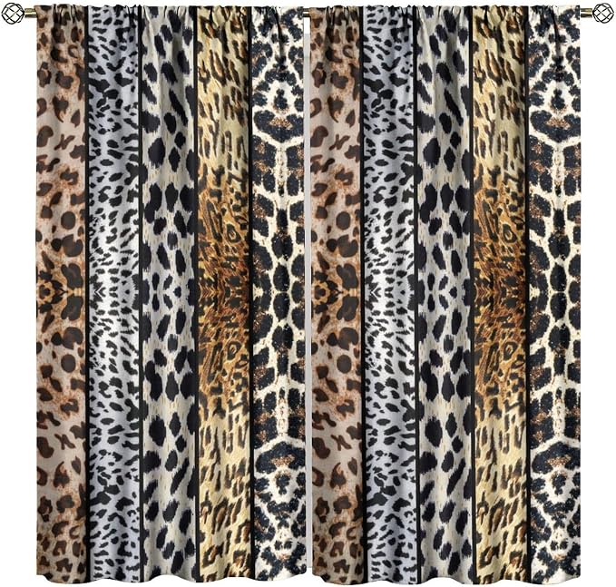 Leopard Print Blackout Curtain, Rustic Wild Animal Skin Farmhouse Fur Leopard Print Drapes, Window Treatments Rod Pocket 2 Panels Curtains for Dining Room Bedroom Office Cafe Decor 63"W X 72"L