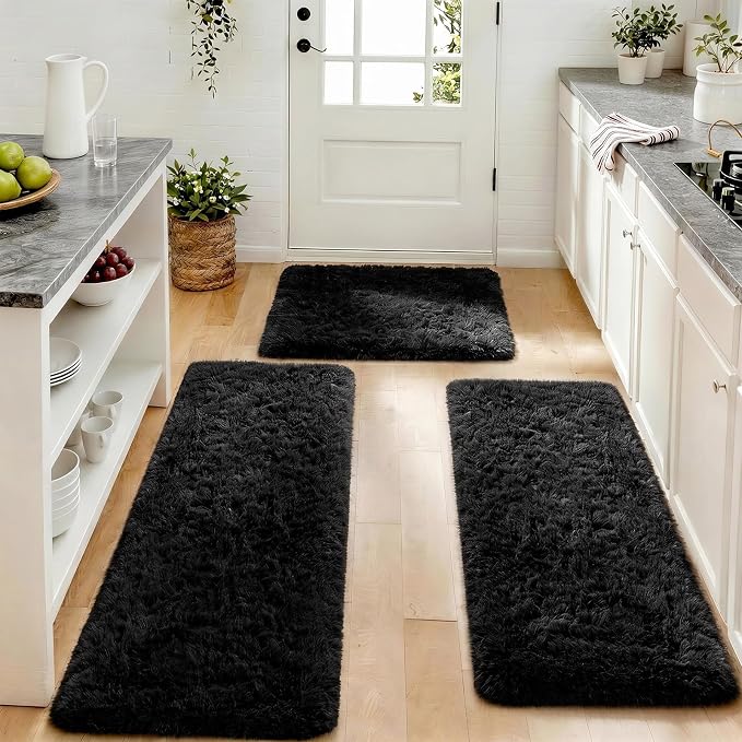 Ophanie Small Rug Washable Non Slip Throw Bedside Area Rugs, Fluffy Soft Mini Bedroom Carpet, 1.5x2.5，1.5x4 and 1.5x5 Rug Set, 3 Piece Black with Over 99 pcs Pile fibers