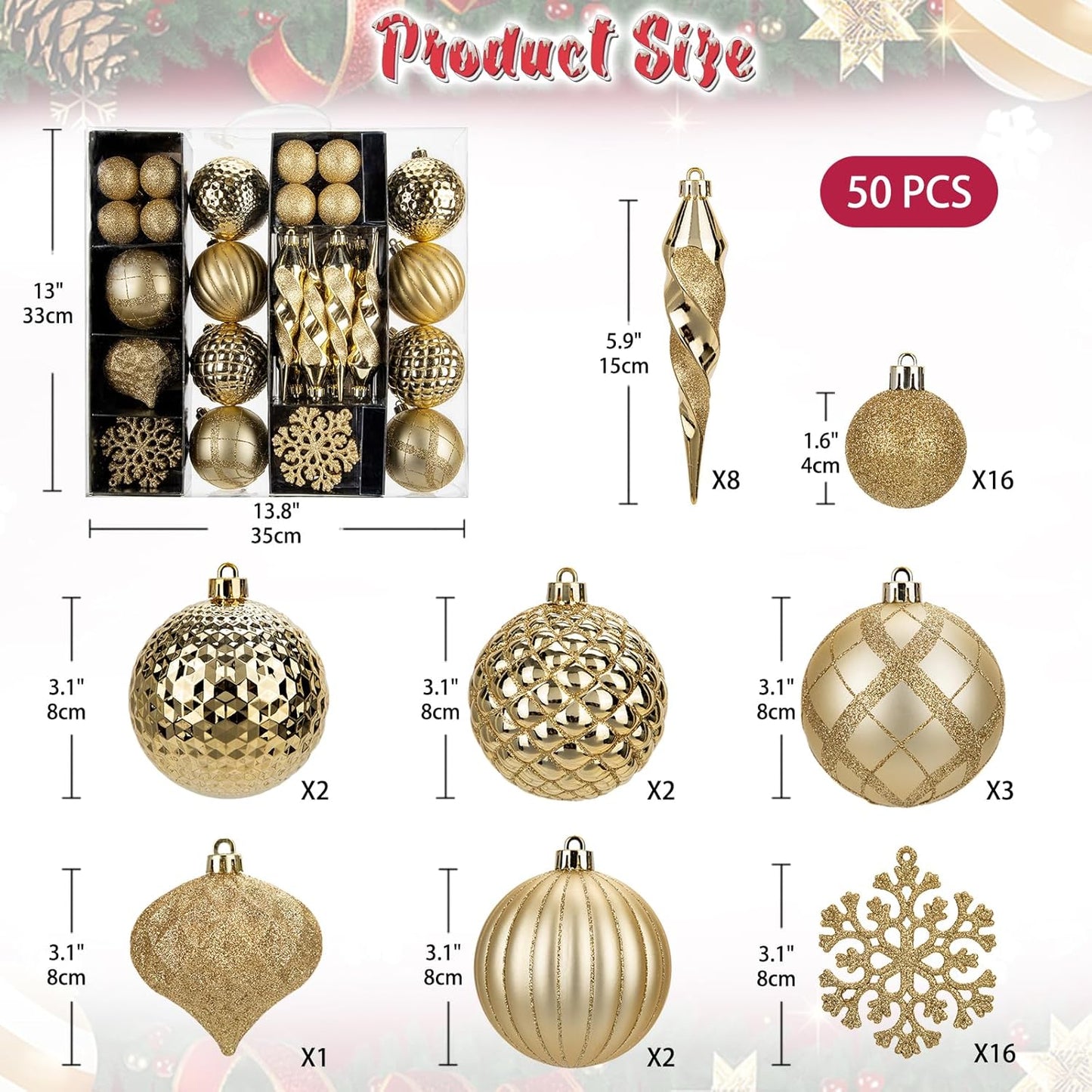 50PCS Christmas Tree Ornaments Set with Shatterproof Balls Icicle Snowflake Hanging Ornaments for Home Office Farmhouse Christmas Decorations, Gold