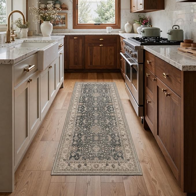 Bavni 2x3 Doormat, Machine Washable Runner Rug Non Slip, Vintage Floral Oriental Floral Rugs for Entrance, Lightweight Low Pile Carpet for Hallways Kitchen and Corridor, Dusty Taupe
