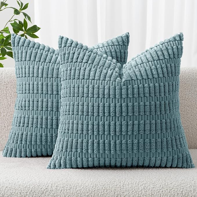 MIULEE Pack of 2 Corduroy Decorative Throw Pillow Covers 20x20 Inch Soft Boho Striped Pillow Covers Modern Farmhouse Home Decor for Summer Coastal Sofa Living Room Couch Bed Coastal Blue