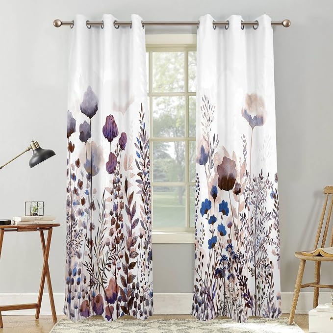 Renaiss Wild Flowers Blackout Curtains, Pastel Botanical Floral Print Thermal Insulated Bedroom Window Curtains, Nature Plants Window Drapes for Living Room, 96" L x 42" W 2 Panel Set
