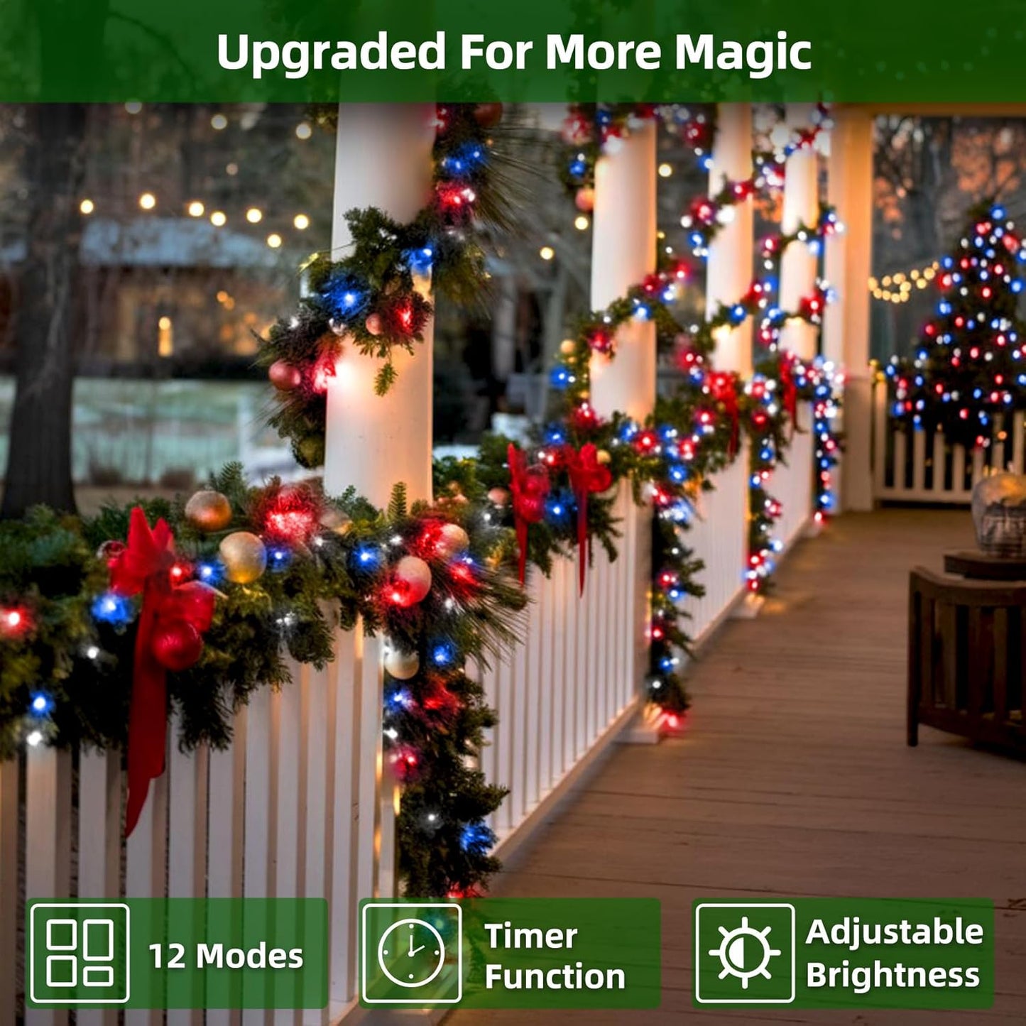 300LED Christmas Lights Outdoor Indoor Use, 12 Lighting Modes 75ft Christmas Tree Lights with Timer, Dimmable Plug in Red White and Blue LED StringLights Waterproof for Yard Tree Wedding Party Holiday