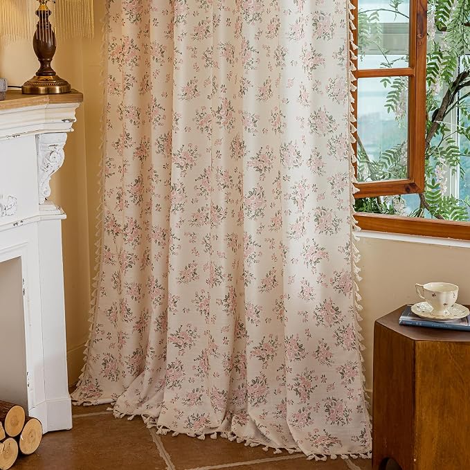 OYX Pink Floral Curtains for Girls Room 2 Panels, Linen Curtains 96 Inch Length with Flower Pattern Light Filtering Window Privacy Curtains for Living Room Boho Farmhouse Vintage, Each 52 Inch Wide