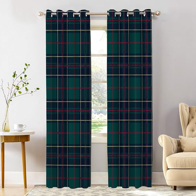 Shrahala Tartan Plaid Blackout Window Curtains, Green Scottish Fabric Kilt Twill Woven Thermal Insulated Curtains Grommet Top Window Drapes for Living Room, Bedroom (2 Panels,52 x 84 in)