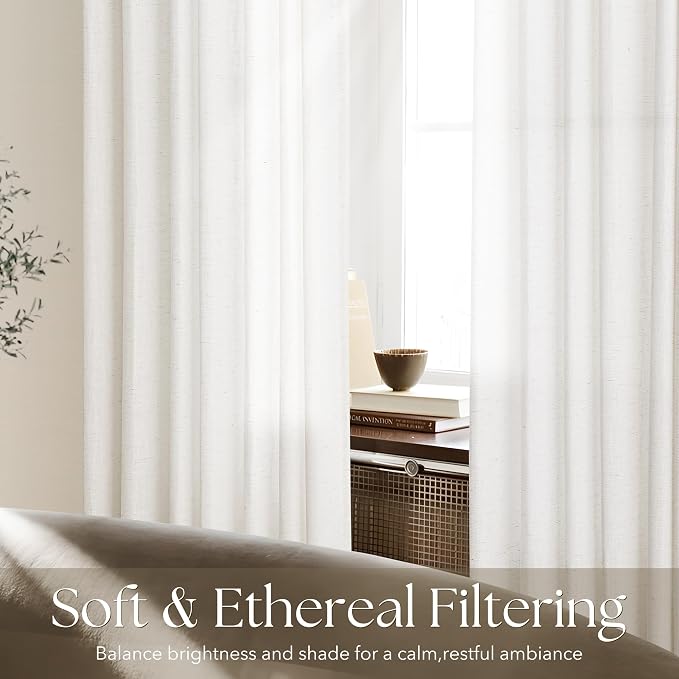 Pleated Linen Curtains 98 inch Long for Living Room Patio Sliding Door Light Filtering Semi Sheer Curtains 98 inch Length 2 Panels Set Modern Elegant Textured Thick Pleat Drapes Neutral Cream