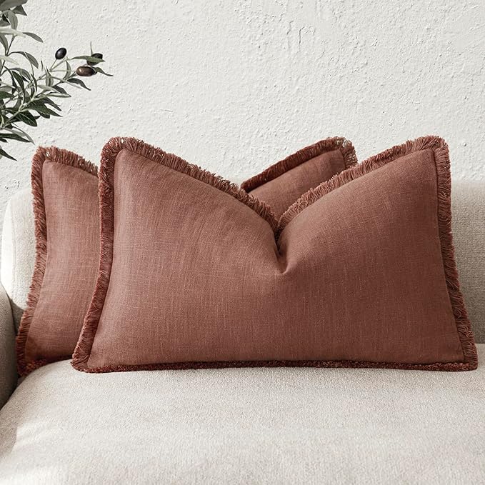 Foindtower Set of 2 Decorative Linen Fringe Lumbar Throw Pillow Covers Boho Farmhouse Cushion Cover with Tassels Soft Accent Pillowcase for Couch Sofa Bed Living Room Home Decor,12×20 Inch,Rust Red