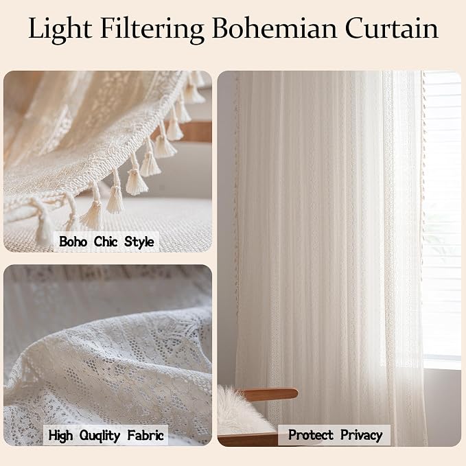 Sutuo Home Boho Curtain Crochet Lace Semi-Sheer Florals Hollow Knitted Handmade Tassels, Rod Pocket Window Treatment Vintage Rustic Farmhouse Drapes for Living Bedroom, 1 Panel 59" W x 96" L, Beige