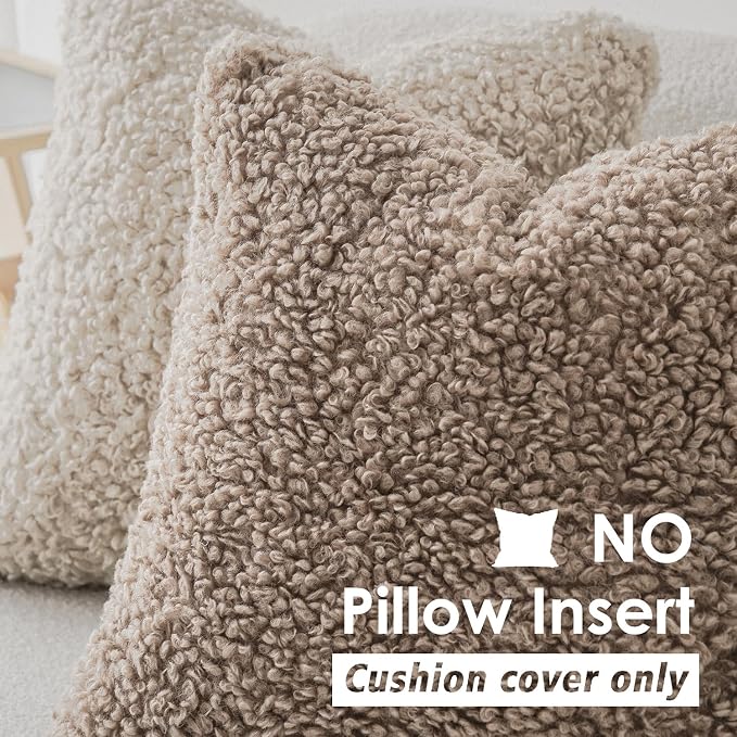 Foindtower 2 Pieces 16x16 Inch Khaki, Faux Fur Throw Pillow Cover Accent Sherpa Pillow Fuzzy Soft Pillowcases Sheepskin Decorative Fleece Cushion Case for Bed Couch Living Room