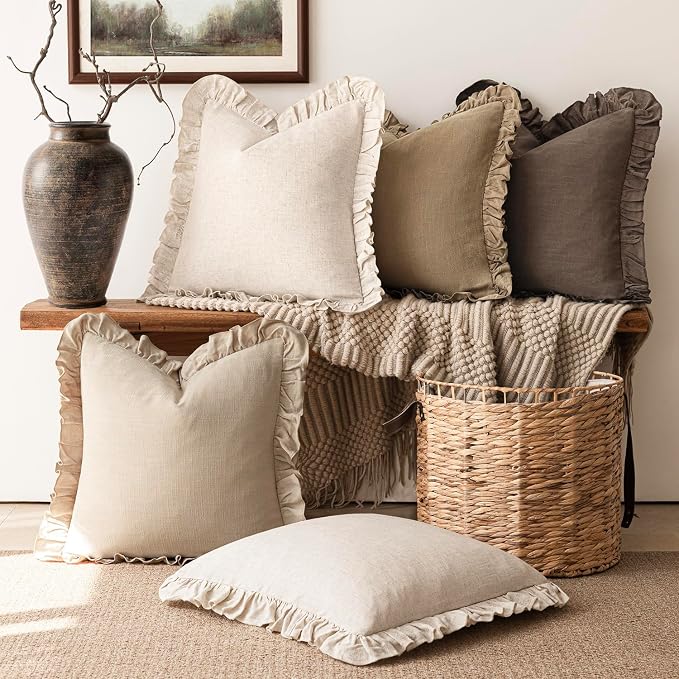 Foindtower Set of 2 Decorative Soild Fringe Ruffle Throw Pillow Covers Soft Boho Farmhouse Cushion Cover Cozy Accent Retro Pillowcase for Couch Sofa Bed Living Room Home Decor,18×18 Inch,Light Tan