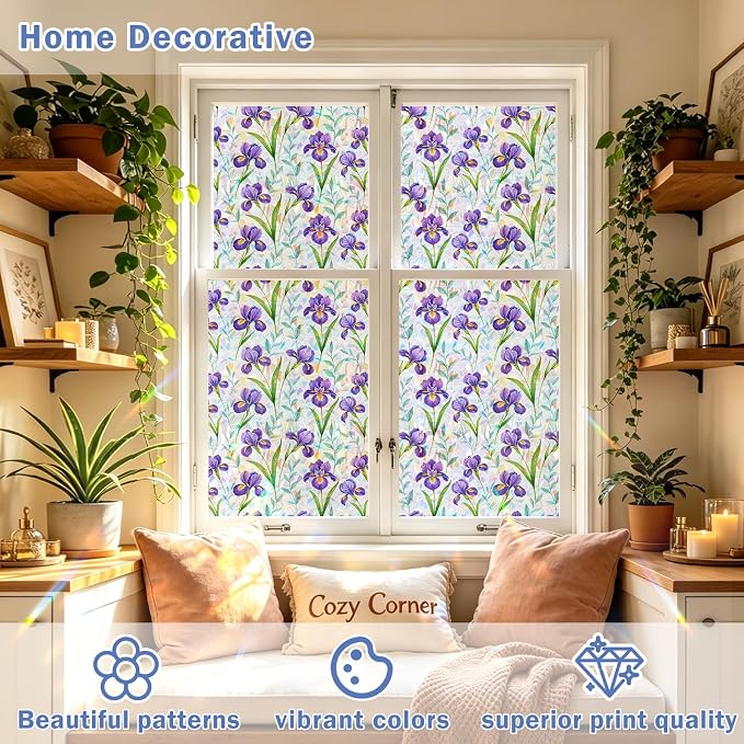 Stained Glass Window Film, Rainbow Privacy, One Way Decorative Tint, Static Cling, Renter Friendly for Home Bathroom Door