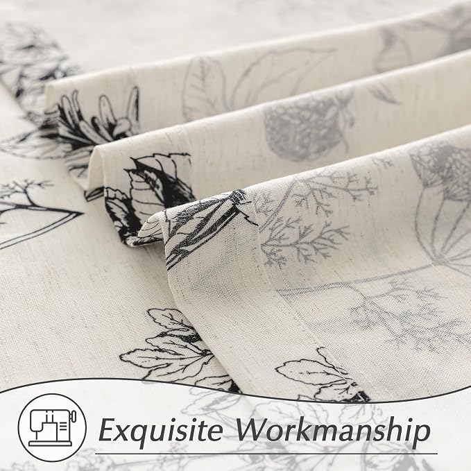 FMFUNCTEX Linen Curtains Floral Patterned Curtain for Bedroom Living Room, Black Curtains 84 Inches Long Farmhouse, Light Filtering Beige Window Curtain Grommet Top 2 Panels Set
