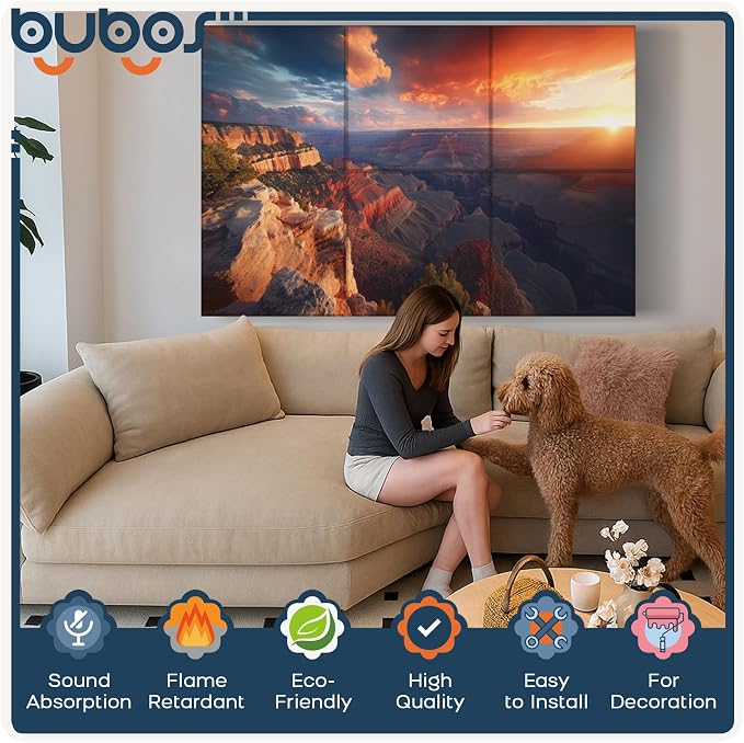 BUBOS 6 Pack Acoustic Wall Panels - High-Density Polyester Sound Absorbing Panels, Decorative Print Treatment for Recording Studio & Home Office, Peel and Stick, 23.6" x 23.6"